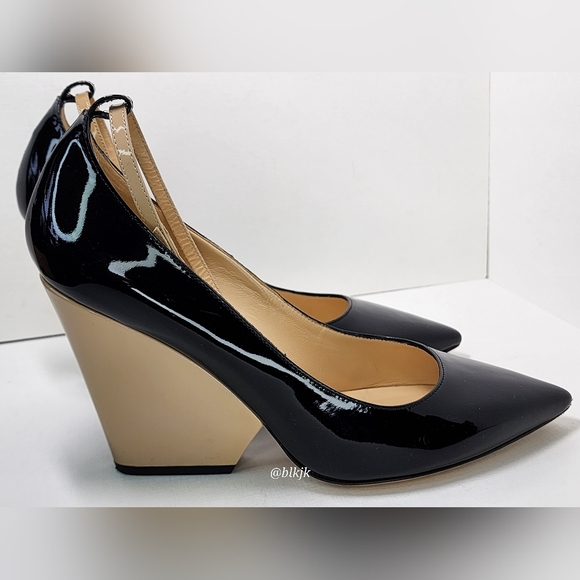 kate spade Prince Black/Powder Patent Leather Strap Wedge Heels EUC Size 9 1/2 - Picture 8 of 16
